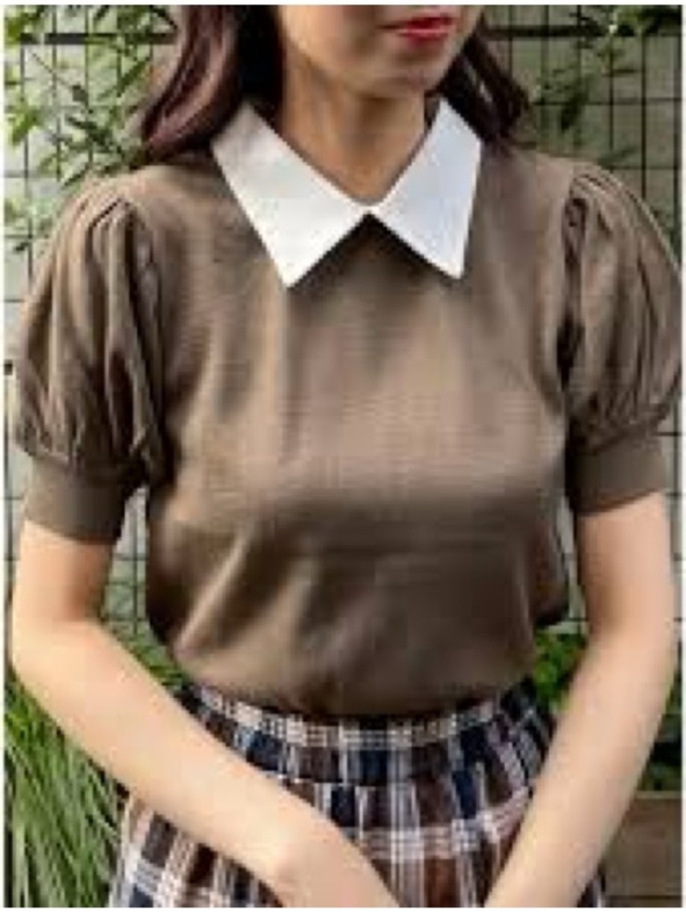 VINTAGE Brown Puff Sleeve Top with White Collar